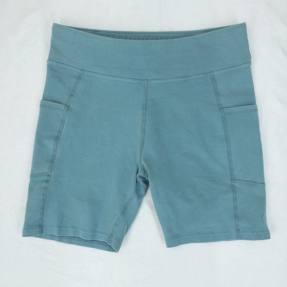 Pact Biker Shorts Womens L Blue Organic Cotton Side Pockets Stretch Sustainable